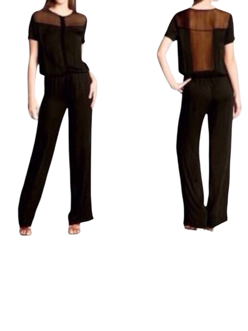 Young Fabulous & Broke Jumpsuit Black Straight Leg Sheer Back Short Sleeve Large